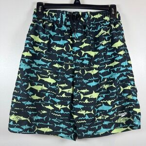 Speedo Swim Trunks Boys XL Shark Print Black Teal Lime Green Mesh Board Shorts